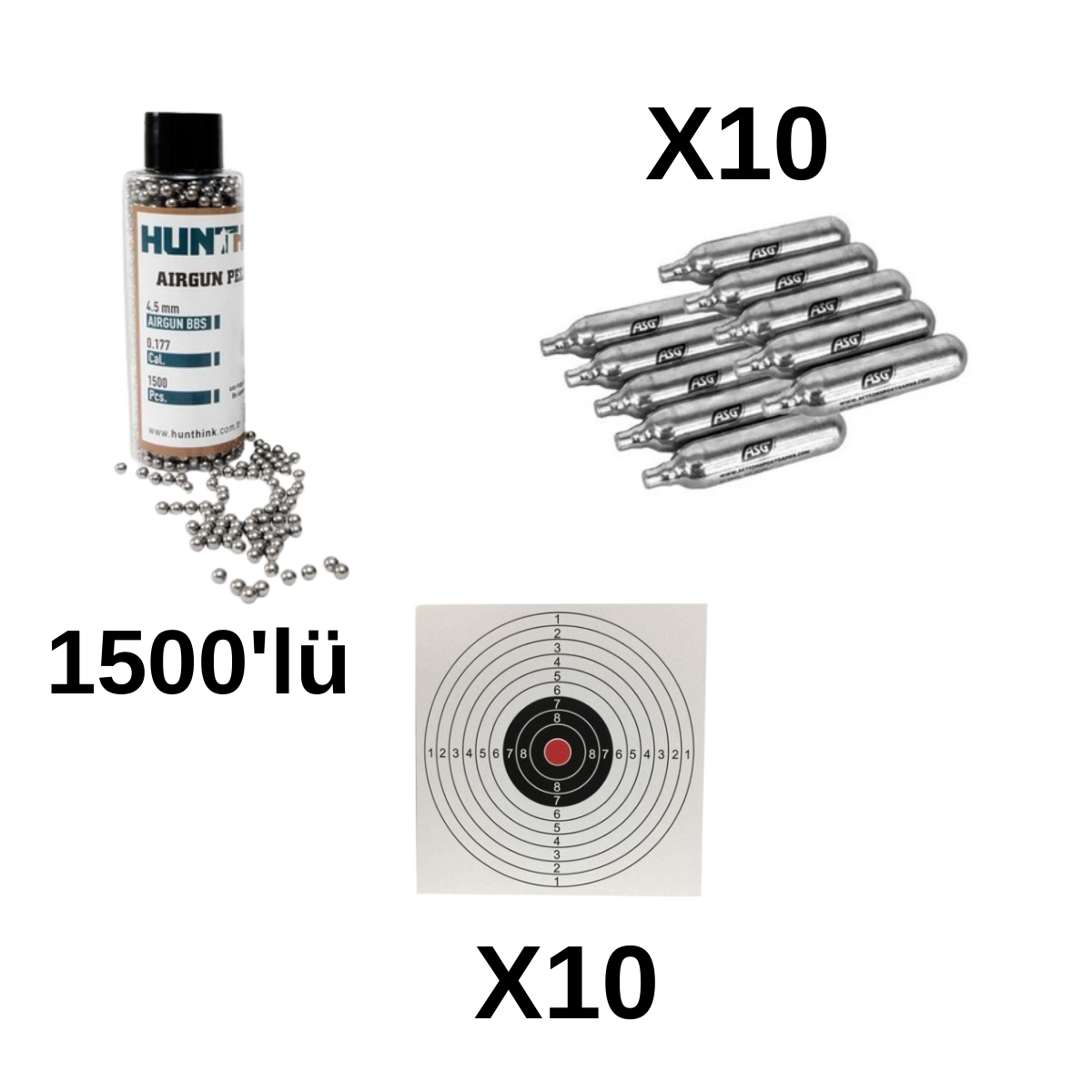 1500'lü Çelik Bilye + 10 Adet Co2 Tüp + 10 Adet Hedef Kağıdı