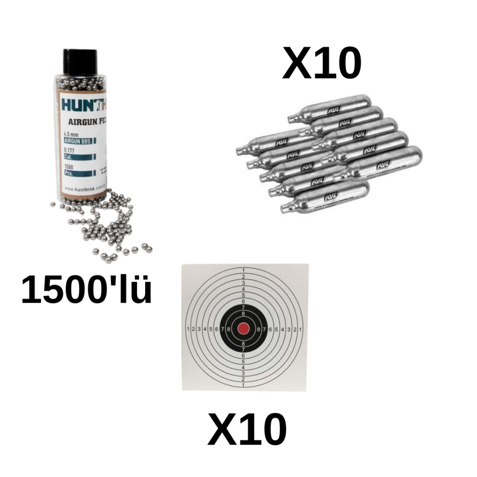 1500'lü Çelik Bilye + 10 Adet Co2 Tüp + 10 Adet Hedef Kağıdı