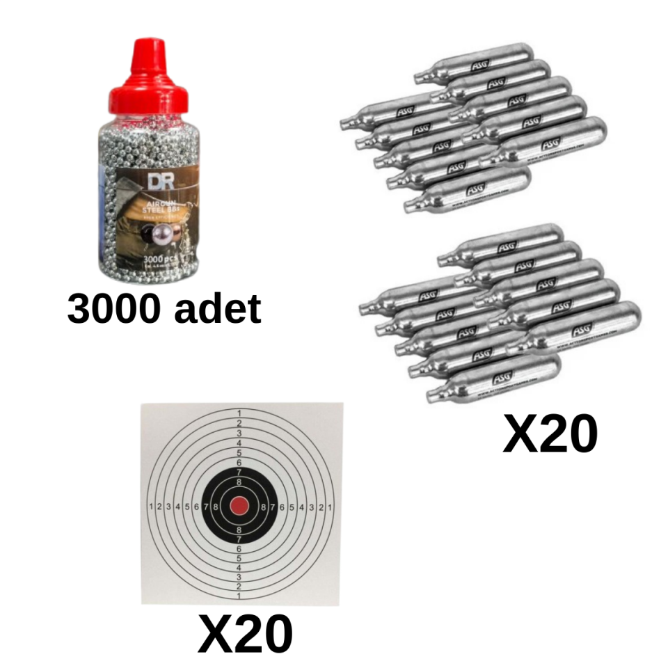 3000 Adet 4.5MM Çelik Bilye + 20 Adet Co2 Tüp + 20 Adet Hedef Kağıdı